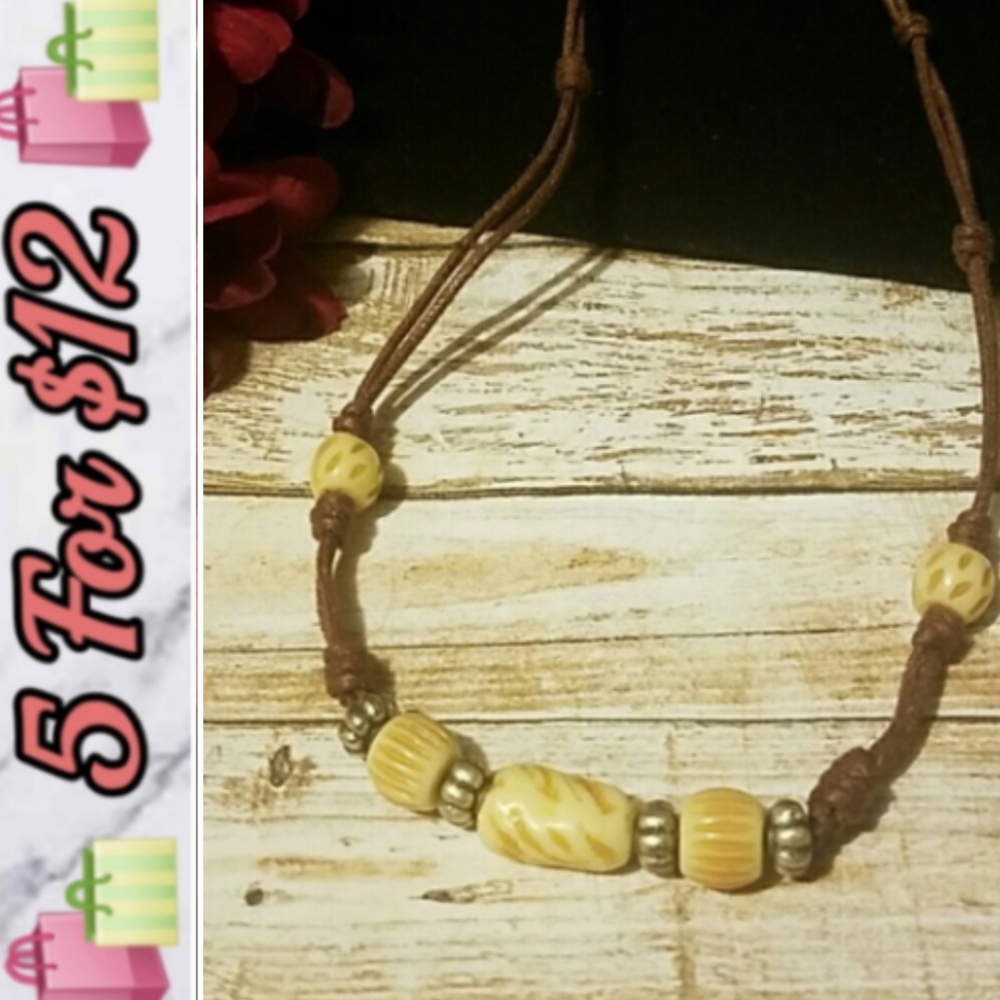 N120 Leather Tribal Beaded Adjust. Cord Necklace